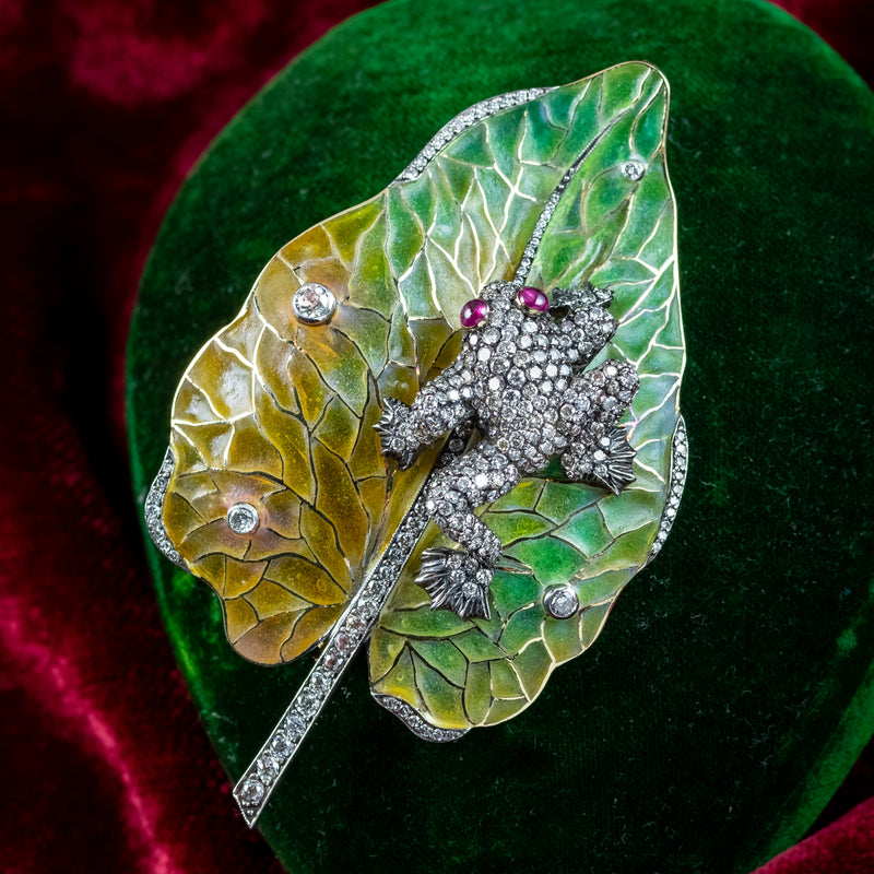 Vintage Moira Plique A Jour Diamond Ruby Frog On Leaf Brooch With Box