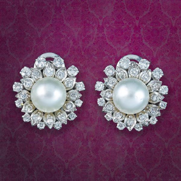 Vintage French Pearl Diamond Flower Clip Earrings 4ct Diamond