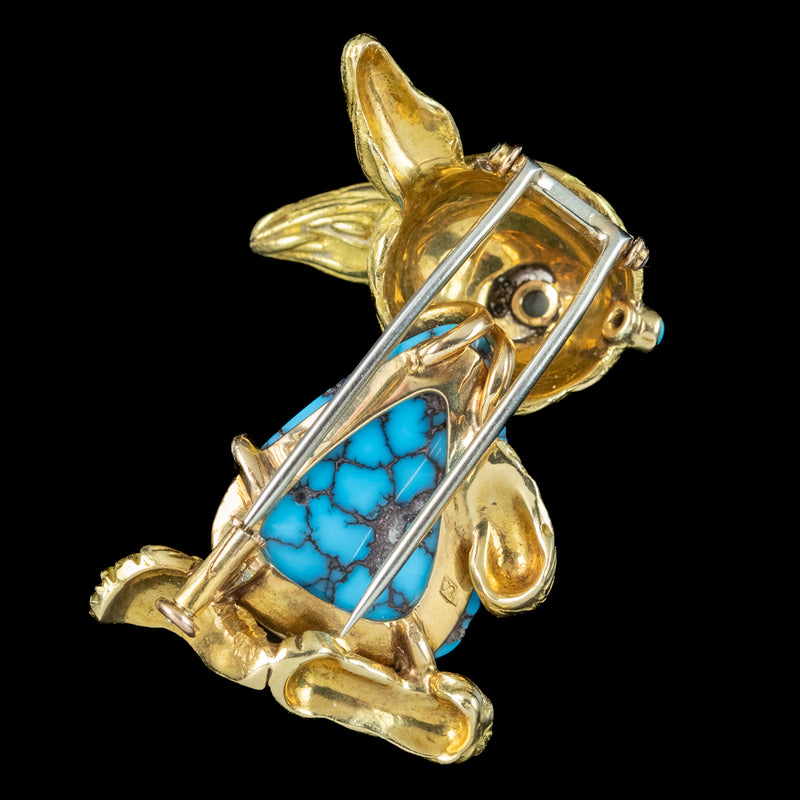 Vintage French Turquoise Diamond Sapphire Rabbit Brooch 18ct Gold 