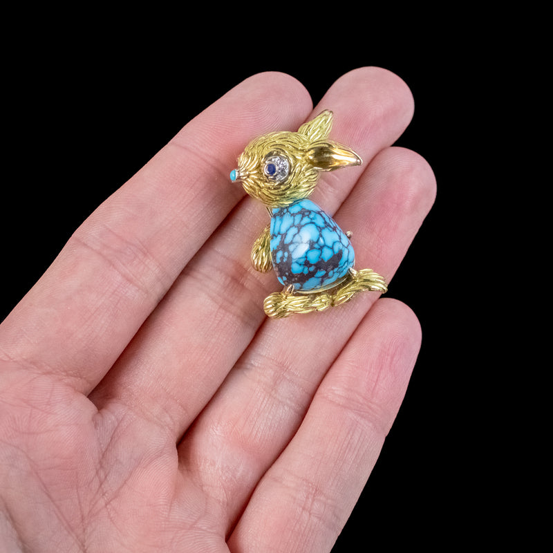 Vintage French Turquoise Diamond Sapphire Rabbit Brooch 18ct Gold 