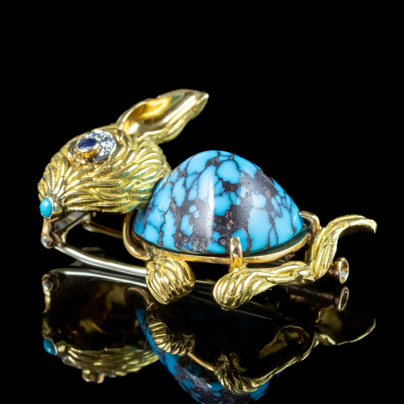 Vintage French Turquoise Diamond Sapphire Rabbit Brooch 18ct Gold 