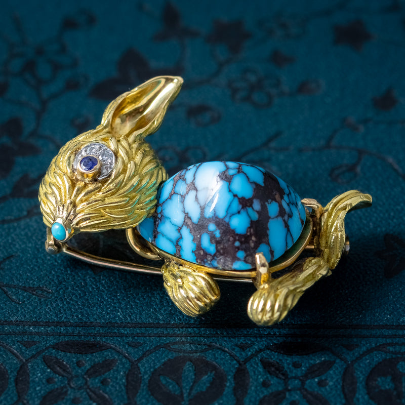 Vintage French Turquoise Diamond Sapphire Rabbit Brooch 18ct Gold 