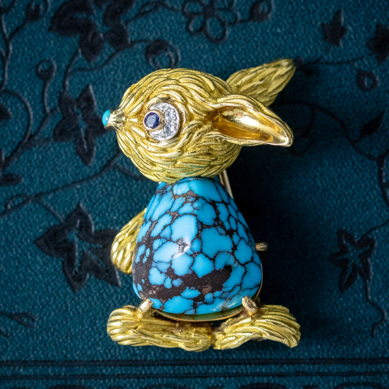 Vintage French Turquoise Diamond Sapphire Rabbit Brooch 18ct Gold 