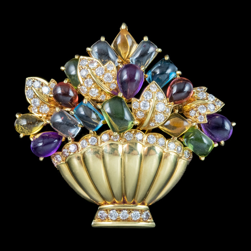 Vintage Gemstone Giardinetti Flower Brooch 18ct Gold 