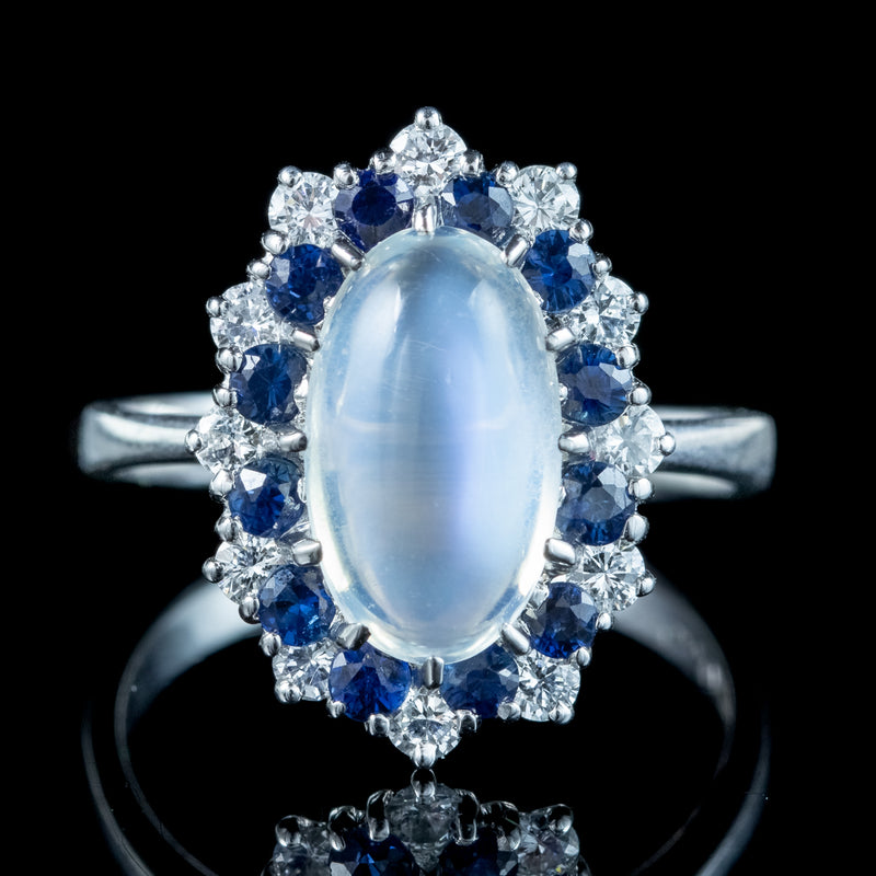 Vintage Moonstone Sapphire Diamond Cluster Ring 3.75ct Moonstone