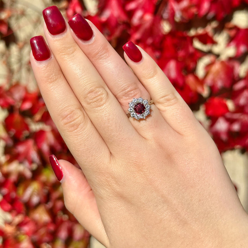 Vintage Ruby Diamond Daisy Cluster Ring 1ct Ruby