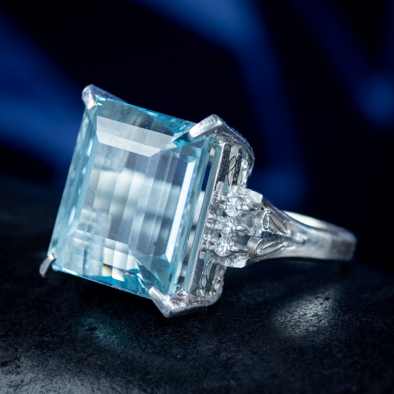 Art Deco Style Aquamarine Diamond Ring Platinum 14.88ct Aqua