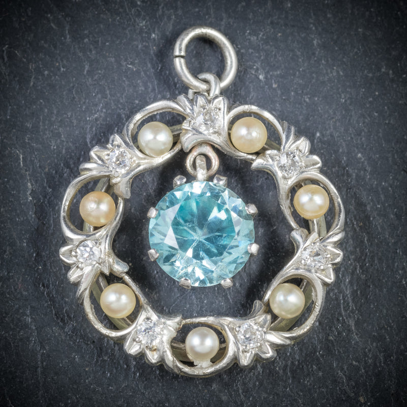 Antique Edwardian Blue Zircon Pendant Diamond Pearl Circa 1915 ...