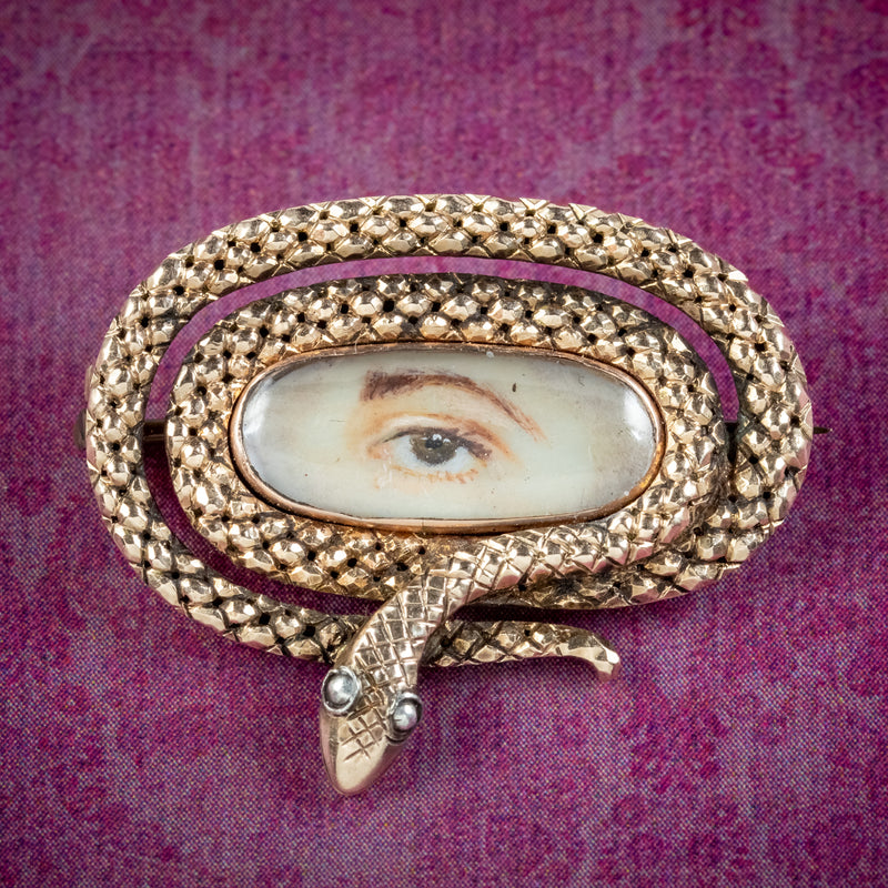 Antique Georgian Lovers Eye Miniature Snake Brooch 18ct Gold