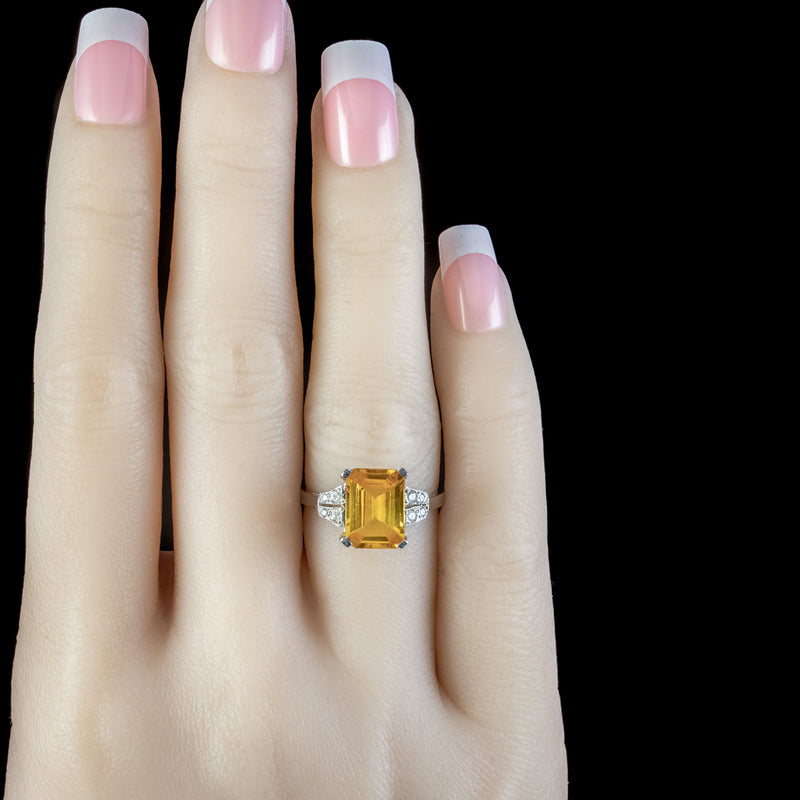 Art Deco Style Yellow Sapphire Diamond Ring 3.50ct Sapphire